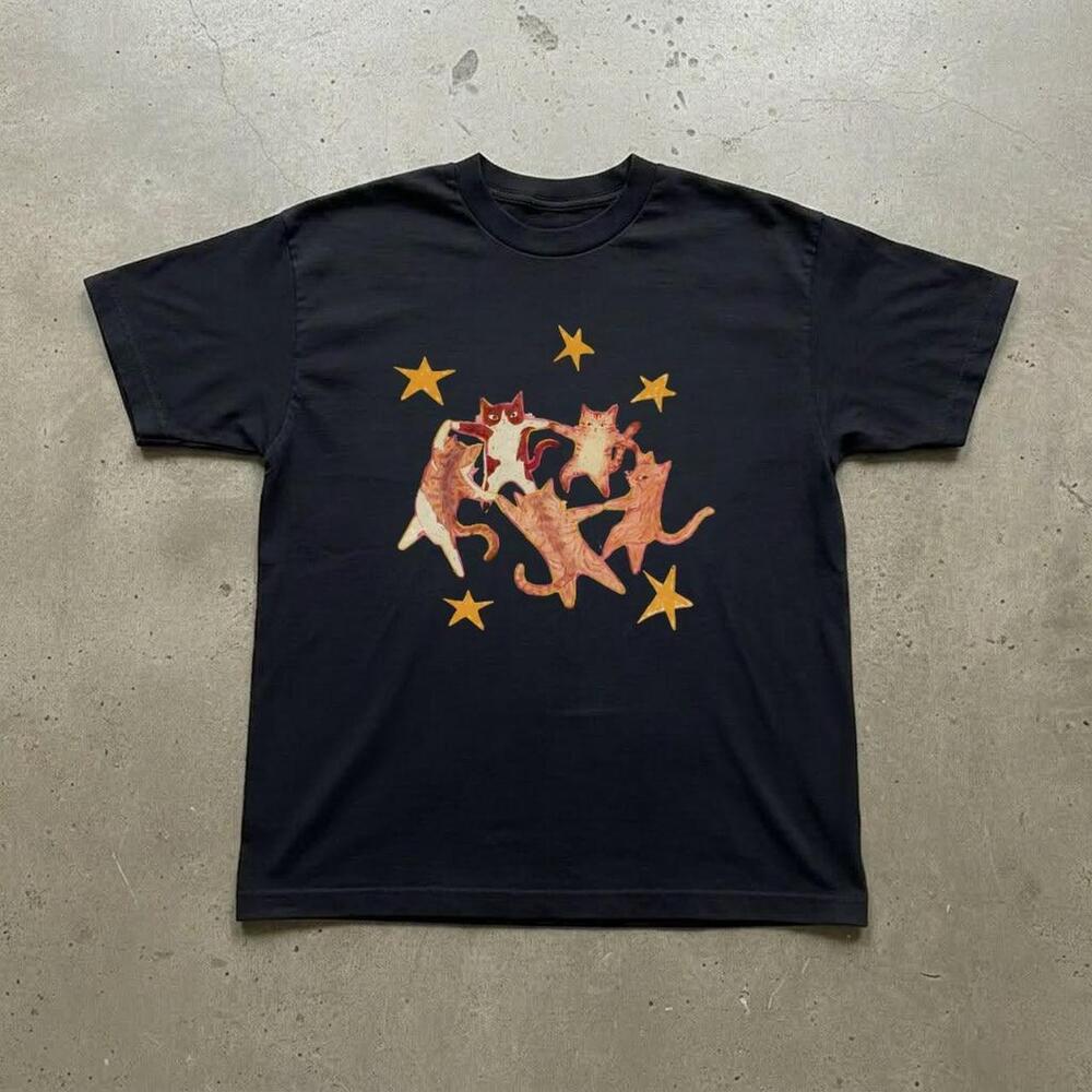 Black Cat Graphic Tee With Orange Accents